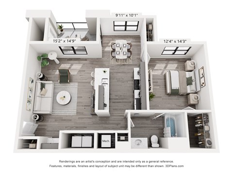 Floor plan for 1 bed, 1 bath, 920 sqft